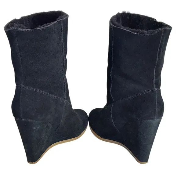 Coach Danee Black Suede Leather‎ Shearling Fur Lined Wedge Boots