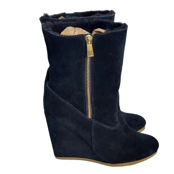 Coach Danee Black Suede Leather‎ Shearling Fur Lined Wedge Boots